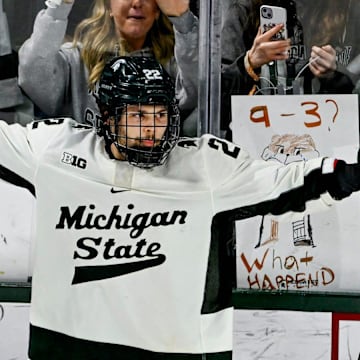 Michigan State's Isaac Howard celebrates after his goal to win a shootout against Minnesota on Saturday, Jan. 25, 2025, at Munn Arena in East Lansing.