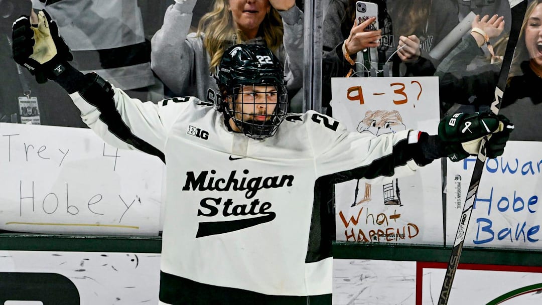 Michigan State's Isaac Howard celebrates after his goal to win a shootout against Minnesota on Saturday, Jan. 25, 2025, at Munn Arena in East Lansing.