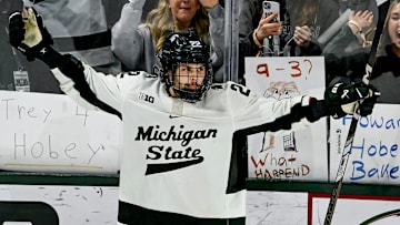 Michigan State's Isaac Howard celebrates after his goal to win a shootout against Minnesota on Saturday, Jan. 25, 2025, at Munn Arena in East Lansing.