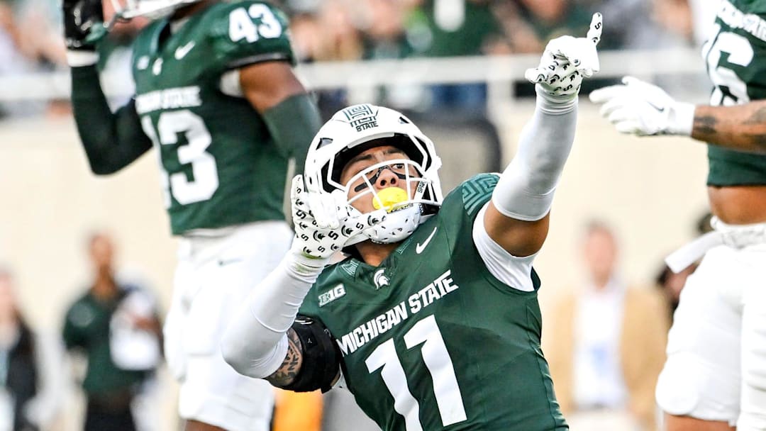 Michigan State's Anelu Lafaele celebrates after forcing a fumble against Western Michigan during the first quarter on Friday, Aug. 29, 2025, in East Lansing.
