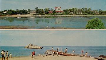 A 1960 postcard shows the fragile coastline at Cape May Point, with Lilly Lake (top) and the sunken concrete ship SS Atlantis (bottom). Just down the beach, the vanished town of South Cape May was permanently claimed by the same volatile waters.