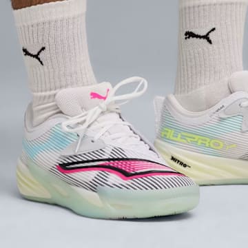 The PUMA All-Pro NITRO 2 in the "White Mint Melt" colorway.