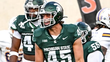 Michigan State's Brady Pretzlaff celebrates after a tackle for a loss against Prairie View A&M during the fourth quarter on Saturday, Sept. 14, 2024, at Spartan Stadium in East Lansing.