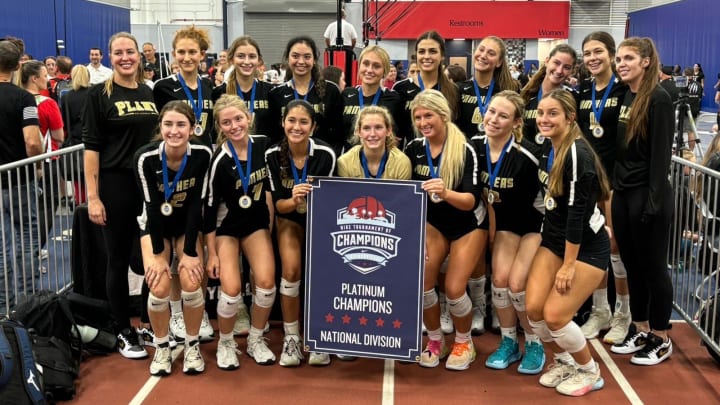 The Plant high school volleyball team poses behind their championship banner after winning the 2024 Nike Tournament of Champions Southeast in Orlando.