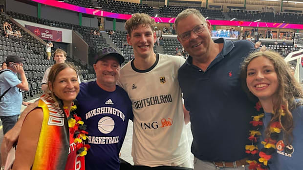 Hannes Steinbach, center, has been prolific at the U19 FIBA World Cup in Switzerland.