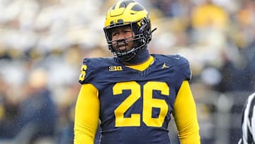 Michigan defensive lineman Rayshaun Benny gets in position before a play against Indiana during the second half of U-M's 52-7 win over Indiana on Saturday, Oct. 14, 2023, in Ann Arbor.