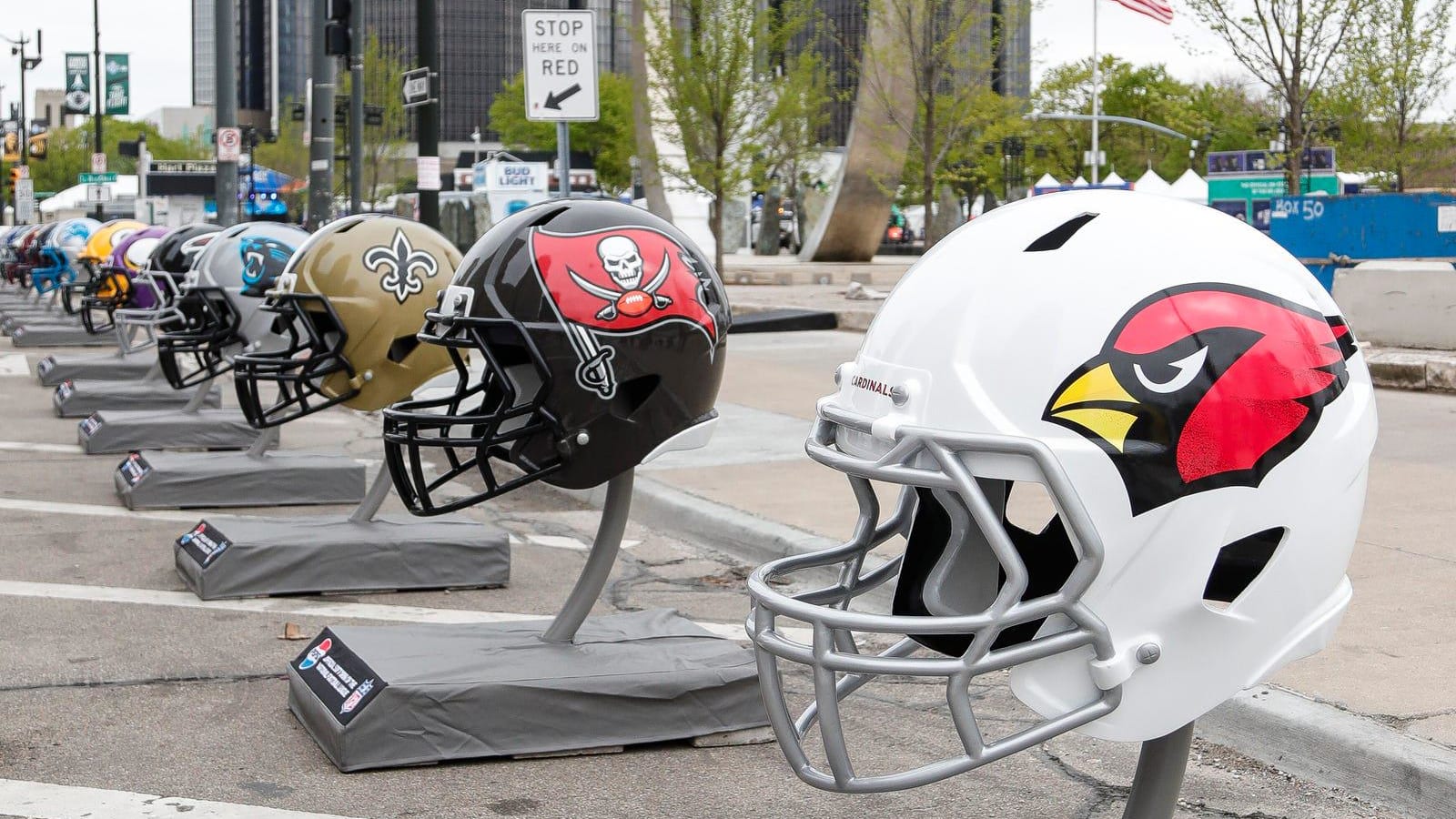 Staff set up during for NFL Draft Experience at Hart Plaza in Detroit on Wednesday, April 24, 2024.