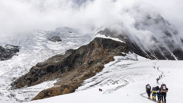 Climbers leave base camp on Manaslu