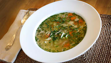 Poached chicken noodle soup with leeks, celery, carrots and herbs from Spoon Soup Co., owned by chef Martha Falvey, of Hingham, is shown on Wednesday, March 16, 2022.

031622 Gd Hin Soup14 Jpg