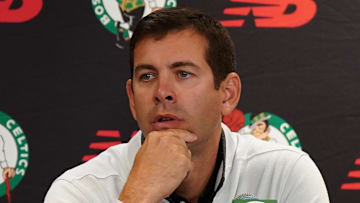 Oct 2, 2023; Boston, Celtics, USA; Boston Celtics president of basketball operations Brad Stevens talks during Boston Celtics Media Day. Mandatory Credit: David Butler II-Imagn Images