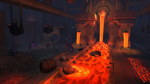 World of Warcraft The War Within dungeon filled with molten lava and rocks.