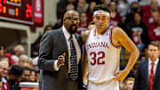 Indiana coach Mike Woodson talks with Trey Galloway (32) against South Carolina at Simon Skjodt Assembly Hall.