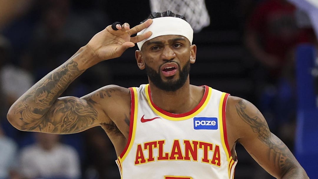 Atlanta Hawks guard Nickeil Alexander-Walker (7) reacts after a three-point basket against the Orlando Magic in the first quarter at Kia Center on April 1, 2026.