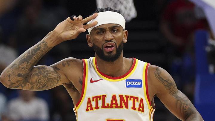 Atlanta Hawks guard Nickeil Alexander-Walker (7) reacts after a three-point basket against the Orlando Magic in the first quarter at Kia Center on April 1, 2026.