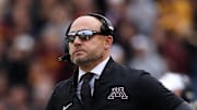 Nov 1, 2025; Minneapolis, Minnesota, USA; Minnesota Golden Gophers head coach P.J. Fleck looks on during the first half against the Michigan State Spartans at Huntington Bank Stadium. Mandatory Credit: Matt Krohn-Imagn Images
