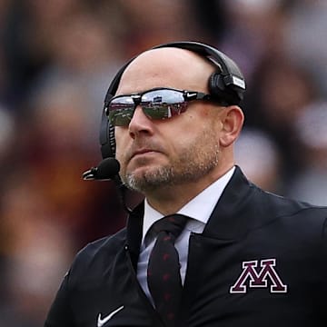 Nov 1, 2025; Minneapolis, Minnesota, USA; Minnesota Golden Gophers head coach P.J. Fleck looks on during the first half against the Michigan State Spartans at Huntington Bank Stadium. Mandatory Credit: Matt Krohn-Imagn Images