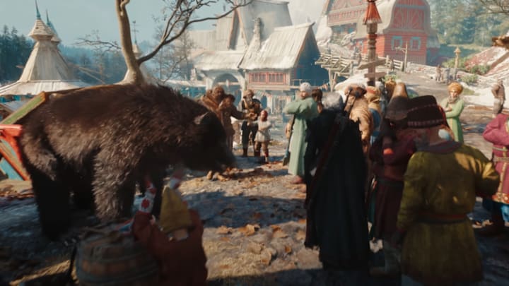 Ciri walks past a crowd gathered around a bear in The Witcher 4