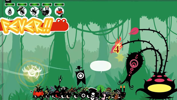 Patapons fighting a boss in Patapon 1+2 Replay.