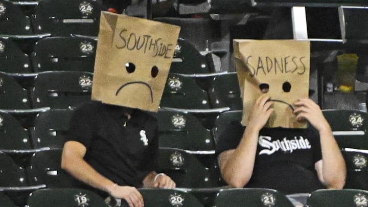 Aug 31, 2024; Chicago, Illinois, USA;  Chicago White Sox fans show their feeling during the ninth inning against the New York Mets. The team tied their record for most losses at Guaranteed Rate Field. Mandatory Credit: Matt Marton-Imagn Images