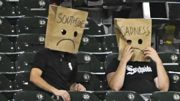 Aug 31, 2024; Chicago, Illinois, USA;  Chicago White Sox fans show their feeling during the ninth inning against the New York Mets. The team tied their record for most losses at Guaranteed Rate Field. Mandatory Credit: Matt Marton-USA TODAY Sports