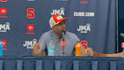 Oct 18, 2025; Syracuse, New York, USA; Syracuse Orange head coach Fran Brown addresses the media following a loss to the Pittsburgh Panthers at the JMA Wireless Dome. Mandatory Credit: Aidan Tseng - The Juice Online/On SI.