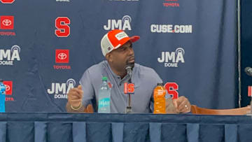 Oct 18, 2025; Syracuse, New York, USA; Syracuse Orange head coach Fran Brown addresses the media following a loss to the Pittsburgh Panthers at the JMA Wireless Dome. Mandatory Credit: Aidan Tseng - The Juice Online/On SI.