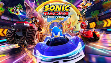 Sonic, Shadow, and Knuckles racing in Sonic Racing: CrossWorlds