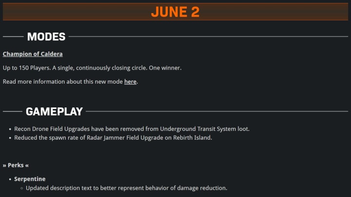 Aside from the introduction of a new mode, Champion of Caldera, we've broken down each of the important pieces of this patch...