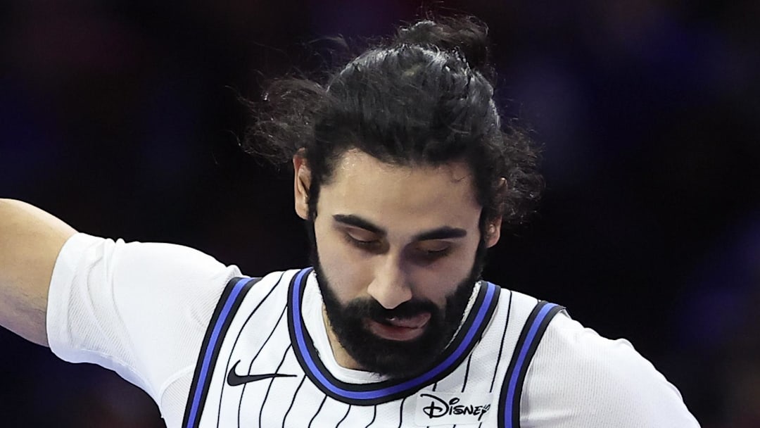 Orlando Magic center Goga Bitadze reacts after his score against the Philadelphia 76ers.