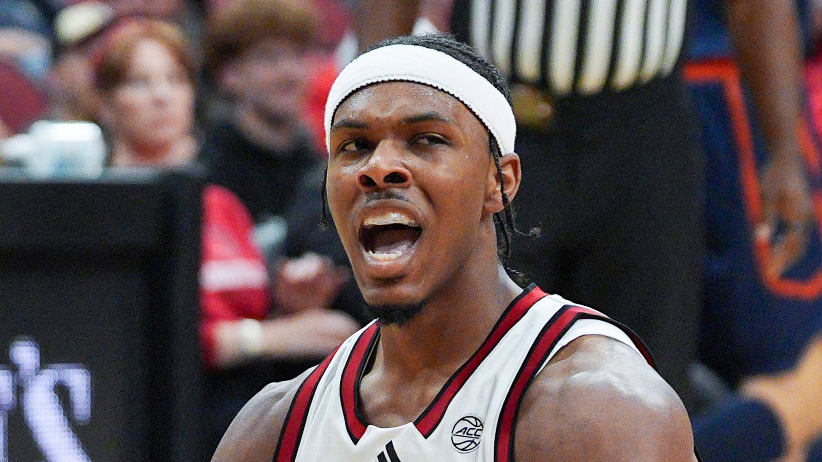 Louisville Cardinals guard Ryan Conwell (3) reacts after drawing the foul in the first half against Bucknell during an exhibition game at the KFC Yum! Center in Louisville, Kentucky Tuesday October 28, 2028.