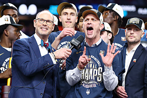 UConn men’s basketball coach Dan Hurley celebrates after winning the 2024 national championship.