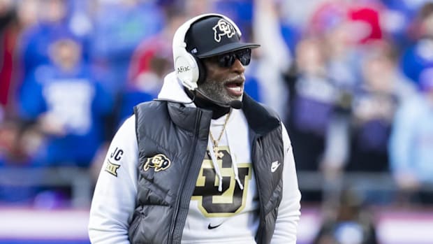 Colorado coach Deion Sanders during a Nov. 23 game between the Kansas Jayhawks and the Colorado Buffaloes at Arrowhead Stadiu