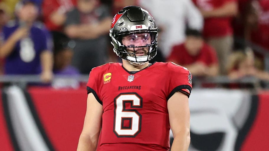 Oct 21, 2024; Tampa, Florida, USA; Tampa Bay Buccaneers quarterback Baker Mayfield (6) reacts after he threw the ball for an interception against the Baltimore Ravens during the first half at Raymond James Stadium. Mandatory Credit: Kim Klement Neitzel-Imagn Images | Kim Klement Neitzel-Imagn Images