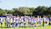 No. 14 TCU celebrates a 3-1 victory over the Oklahoma State Cowgirls on Sunday afternoon at Garvey-Rosenthal Soccer Stadium in Fort Worth, Texas.
