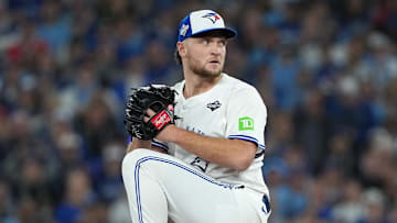 Oct 24, 2025; Toronto Blue Jays pitcher Trey Yesavage pitches against the Los Angeles Dodgers at Rogers Centre.