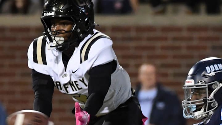Gaffney defensive back Kareem Shaw (3) breaks up the pass intended for Dorman Corey Cole (16) Friday, Oct. 24, 2025, during the SCHSL football game at Dorman High School in Roebuck, South Carolina. Gaffney defensive back Kareem Shaw (3) breaks up the pass intended for Dorman Corey Cole (16) Friday, Oct. 24, 2025, during the SCHSL football game at Dorman High School in Roebuck, South Carolina.