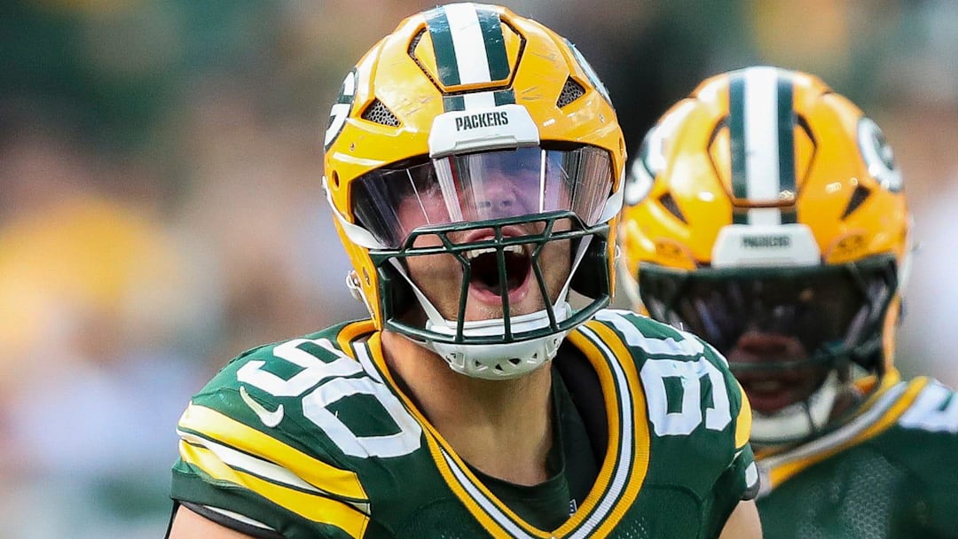 Green Bay Packers defensive end Lukas Van Ness (90) celebrates after sacking Detroit Lions quarterback Jared Goff on Sunday, September 7, 2025, at Lambeau Field in Green Bay, Wis. The Packers won the game, 27-13.