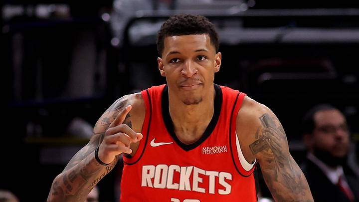 Apr 3, 2026; Houston, Texas, USA; Houston Rockets forward Jabari Smith Jr. (10) reacts after making an outside shot against the Utah Jazz during the first quarter at Toyota Center. Mandatory Credit: Erik Williams-Imagn Images