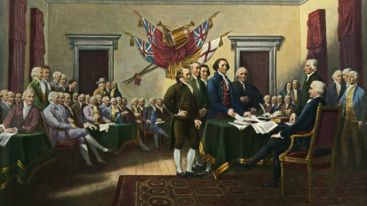 Painting showing Thomas Jefferson, John Adams, Roger Sherman, Robert Livingston, and Benjamin Franklin presenting the first draft of the Declaration of Independence to the Second Continental Congress.