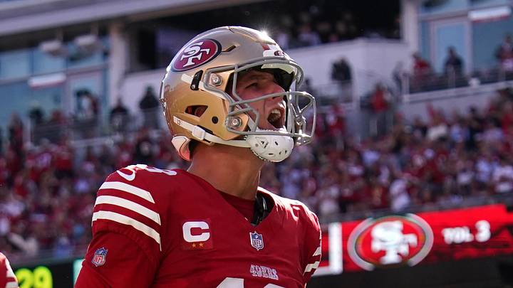 Santa Clara, California, USA; San Francisco 49ers quarterback Brock Purdy (13) reacts after rushing for a touchdown against the Kansas City Chiefs in the third quarter at Levi's Stadium. Mandatory Credit: Cary Edmondson-Imagn Images
