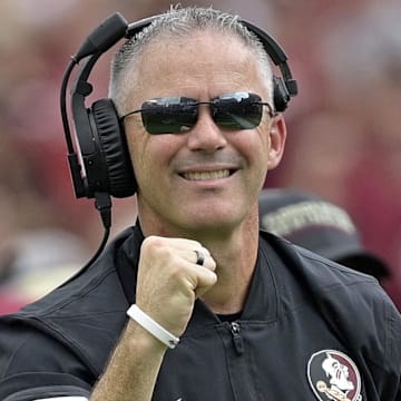 Sep 20, 2025; Tallahassee, Florida, USA; Florida State Seminoles head coach Mike Norvell reacts after a touchdown during the first half against the Kent State Golden Flashes at Doak S. Campbell Stadium. Mandatory Credit: Melina Myers-Imagn Images