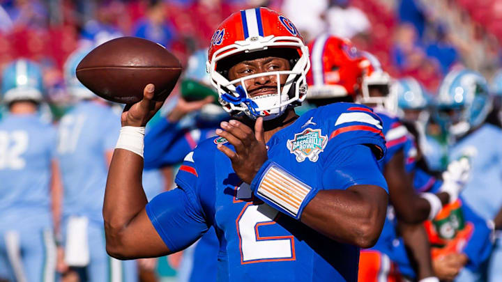 Florida Gators quarterback DJ Lagway (2) passes during warmups at Raymond James Stadium in Tampa, FL on Friday, December 20, 2024 in the 2024 Union Home Mortgage Gasparilla Bowl. Florida Gators quarterback DJ Lagway (2) passes during warmups at Raymond James Stadium in Tampa, FL on Friday, December 20, 2024 in the 2024 Union Home Mortgage Gasparilla Bowl.