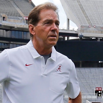 Former Alabama Crimson Tide coach Nick Saban stands on the turf inside Bryant-Denny Stadium during media day Saturday, August 3, 2019 in Bryant-Denny Stadium. 