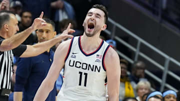 Mar 5, 2025; Storrs, Connecticut, USA; UConn Huskies forward Alex Karaban (11) reacts after defeating the Marquette Golden Eagles at Harry A. Gampel Pavilion. Mandatory Credit: David Butler II-Imagn Images