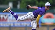 Purvis' Jojo Parker (1) winds the ball during the MHSAA class 6A baseball championships against West Lauderdale  at Trustmark Park in Pearl, Miss., Friday, June 2, 2023.