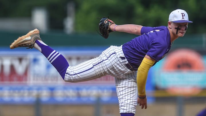Purvis' Jojo Parker (1) winds the ball during the MHSAA class 6A baseball championships against West Lauderdale at Trustmark Park in Pearl, Miss., Friday, June 2, 2023. Purvis' Jojo Parker (1) winds the ball during the MHSAA class 6A baseball championships against West Lauderdale at Trustmark Park in Pearl, Miss., Friday, June 2, 2023.