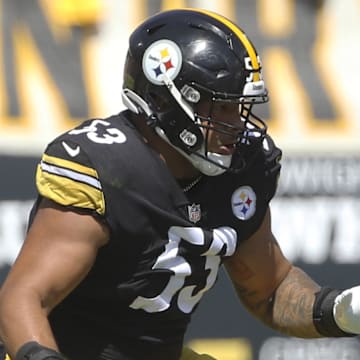 Sep 19, 2021; Pittsburgh, Pennsylvania, USA;  Pittsburgh Steelers guard Kendrick Green (53) blocks at the line of scrimmage against the Las Vegas Raiders during the first quarter at Heinz Field. Mandatory Credit: Charles LeClaire-Imagn Images