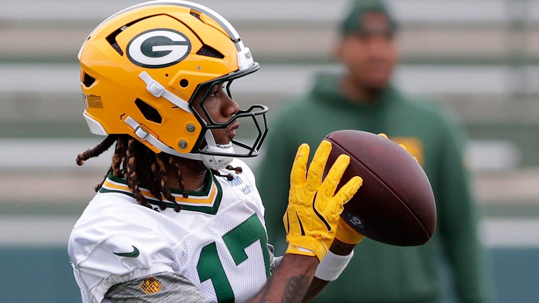 Green Bay Packers wide receiver Sam Brown Jr. (17) catches a pass during the team's first day of minicamp on June 10, 2025, at Ray Nitschke Field in Ashwaubenon, Wis.