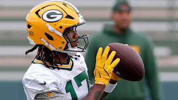 Green Bay Packers wide receiver Sam Brown Jr. (17) catches a pass during the team's first day of minicamp on June 10, 2025, at Ray Nitschke Field in Ashwaubenon, Wis.