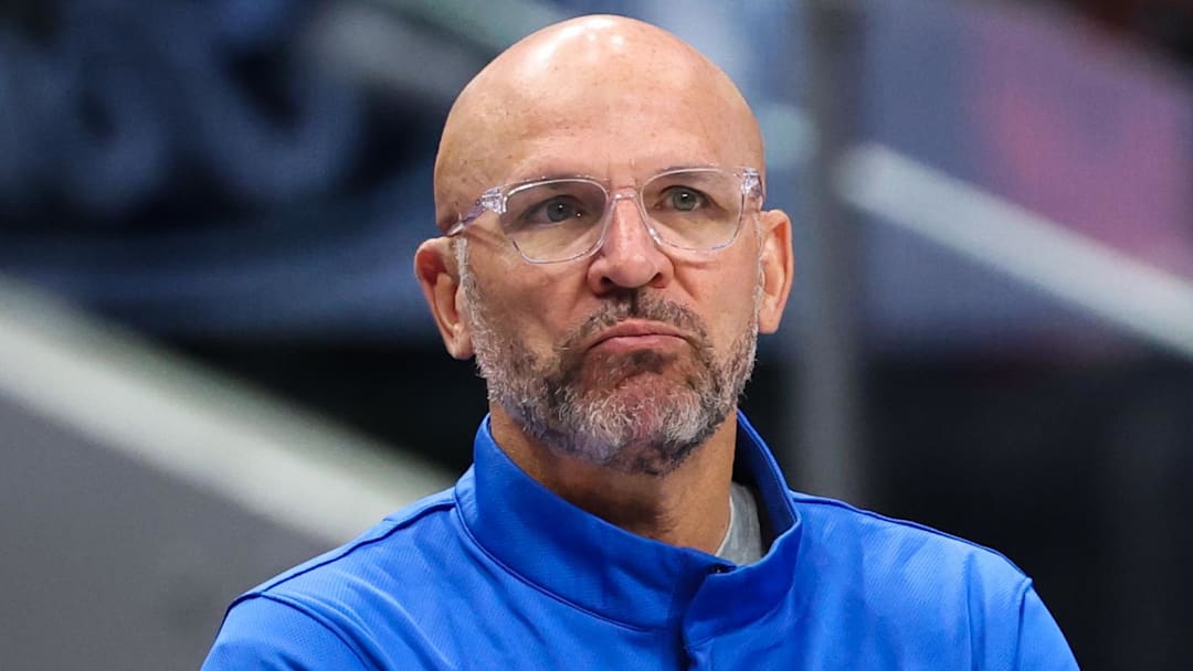 Apr 5, 2026; Dallas, Texas, USA;  Dallas Mavericks head coach Jason Kidd reacts during the first half against the Los Angeles Lakers at American Airlines Center. Mandatory Credit: Kevin Jairaj-Imagn Images